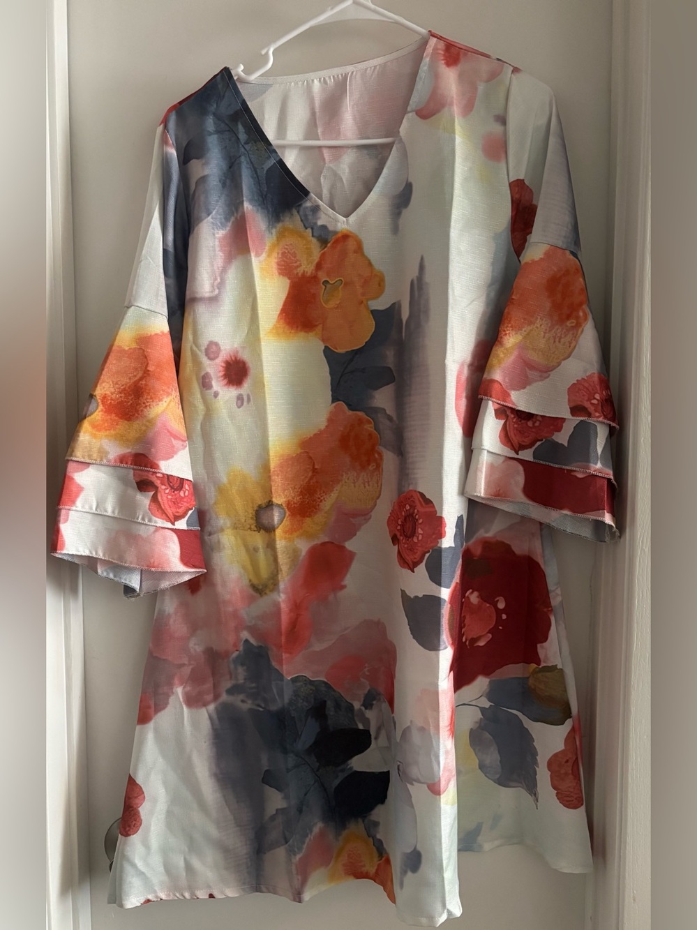 Floral V-Neck Bell Sleeve Tunic - Multi-Color